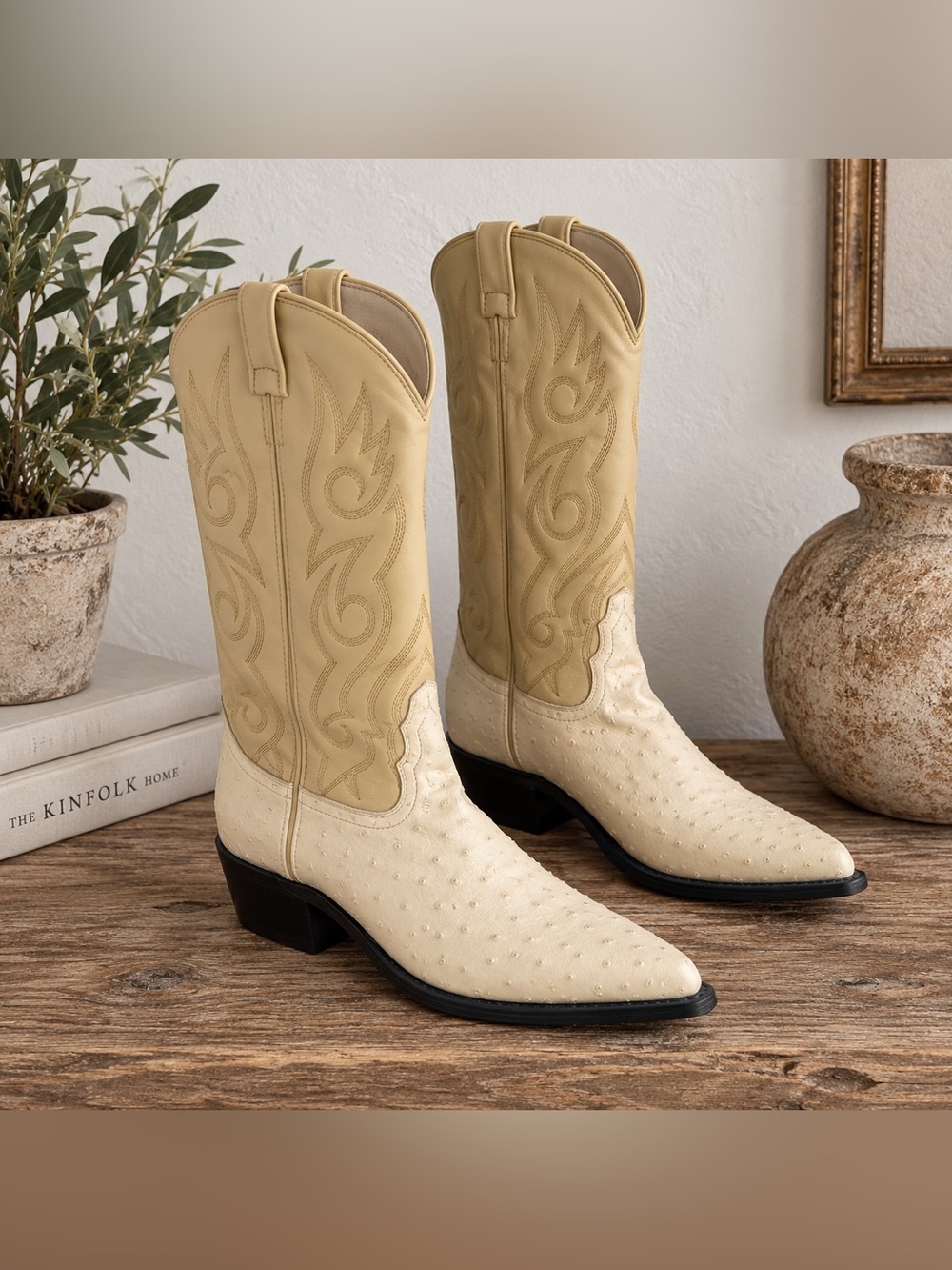 Old West by Jama Cream Ostrich Print Western Cowboy Boots – Men’s 9.5 D